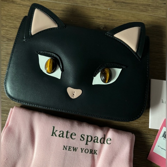 KATE SPADE-RARE (NWT) Black & Pink Leather Cat Clutch